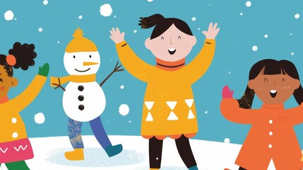 Sticker - A joyful scene of children building snowmen and having snowball fights in a snowy winter landscape