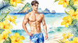 Asian athlete handsome men shirtless walking on the beach surrounded by flower blossom, watercolor painting style, generative AI.