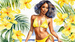 Beautiful African American woman in yellow bikini walking on the beach surrounded by flower blossom, watercolor painting style, generative AI.