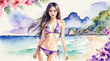 Beautiful Asian woman in bikini walking on the beach surrounded by flower blossom, watercolor painting style, generative AI.