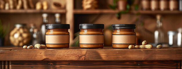 Wall Mural - Wide photo of food containers in order, set of brown peanut butter jars with blank label, mockup on wooden table and raw nuts around  