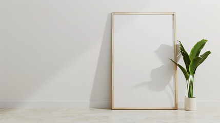 Wall Mural - White, empty frame on a wooden table near the wall
