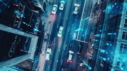 Poster - Autonomous Self-Driving Cars Moving Through City. Concept: Artificial Intelligence Scans Cars and Pedestrians, Following Movement and Displaying Data.