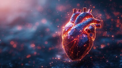 Poster - Graphic of a low poly heart with futuristic interface, a concept of cardiology or medical technology