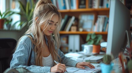 Wall Mural - Illustrate a scene of a busy professional woman checking her