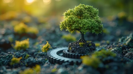 Poster - Graph of tree combined with gear wheel and ecology conservation element, representing the green industry or smart manufacturing
