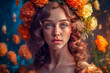 Portrait of a beautiful and mysterious girl in a beautiful wreath of flowers on her head