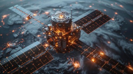 Aufkleber - Graphic of futuristic satellite with a terrain world map globe as background, illustrating communications technology