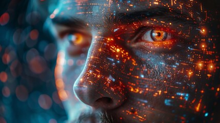 Poster - Conceptual illustration of biometrics or face recognition technology, with a fingerprint combined with a man's face in a futuristic style