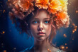 Portrait of a beautiful and mysterious girl in a beautiful wreath of flowers on her head