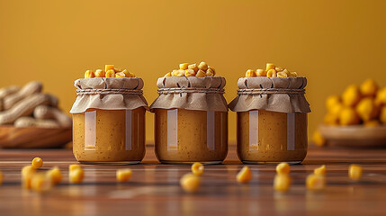 Wall Mural - A food packaging mockup set of brown peanut butter jars in order with brown paper lid on wooden table with raw nuts around 