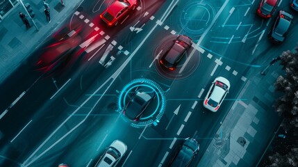 Fototapete - The future of self-driving autonomous electric cars is depicted this way as they move along a busy traffic intersection. Concept: AI, car scanning, GPS tracking, smart roads, internet of things.