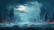 Fantasy landscape with a man in the middle of the sea.