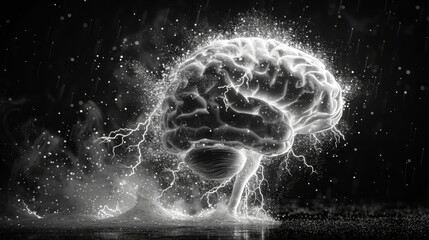 Poster - Graphic of brain in front view with lightning effect, representing brain power or neurology