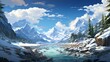 Fantasy landscape with a mountain river and snow-capped peaks