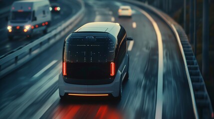 Poster - Aerial Drone following a futuristic 3D concept car. An autonomous self-driving van moves along a highway in front of visual AI sensors that scan the road ahead for speed limits, vehicles, and