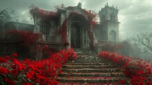 Mystical Abandoned Mansion Surrounded By Vibrant Red Roses On A Foggy Day