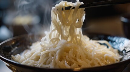 Japanese shirataki noodles in bowl with chopsticks