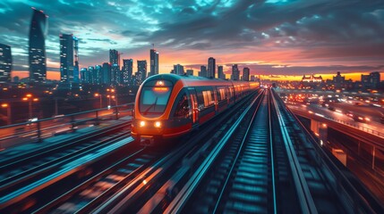 Poster - Travel technology concept, vivid sky train graphics