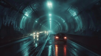 Aufkleber - A dimly lit tunnel with cars streaming through, headlights piercing the darkness