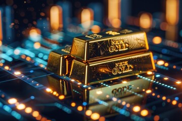 Wall Mural - Dynamic image of gold bars positioned on a futuristic high-tech platform with glowing lights