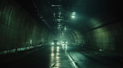 Aufkleber - A dimly lit tunnel with cars streaming through, headlights piercing the darkness