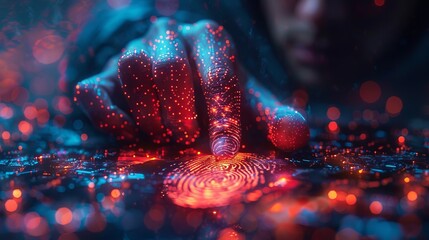 Poster - Biometrics or digital forensics technology concept, fingerprint and person's head combined with futuristic elements