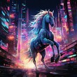 Capture the intrigue of a cybernetic unicorn galloping through a neon metropolis from above