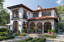 A Luxurious House With Spanish Style Architecture, Featuring Arched Windows And Red Roof Tiles. Created With Ai