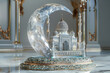 3D silver crescent moon with mosque inside, white background, high resolution. Created with Ai