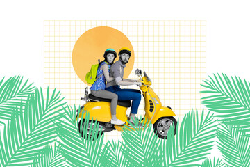 Wall Mural - Composite photo collage of excited astonished girl guy wear helmet drive yellow vespa moped tourism palm isolated on painted background