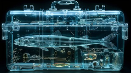 Canvas Print - X-ray scan of a fishing tackle box, displaying the hooks, lures, and compartments.