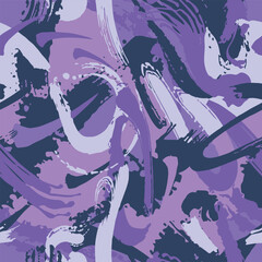 Wall Mural - Camouflage modern fashion design. Hand drawn violet camo with brush strokes. Purple shade color, fashionable, fabric. Seamless grunge pattern. Vector	