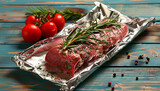 Fototapeta Desenie - Aluminium foil roll with piece of raw meat, tomatoes, rosemary and spices on color wooden background