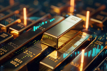Wall Mural - Close-up view of exquisite gold ingots laid over a sci-fi-like digital trading data visualization