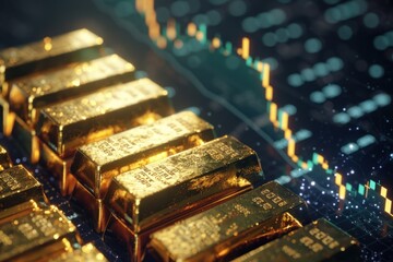 Wall Mural - Shiny gold bars are displayed on an electronic market data chart, highlighting the concept of financial growth