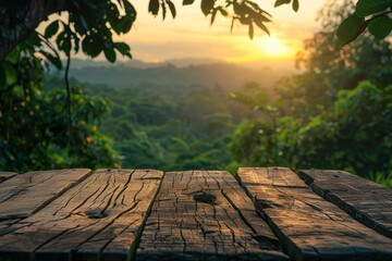 Canvas Print - a wooden table with a view of the mountains and a sunset in the background