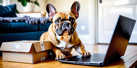 Wall Mural - French Bulldog dog ordering online by internet for home delivery. Paws on laptop with a food shopping product selection. 