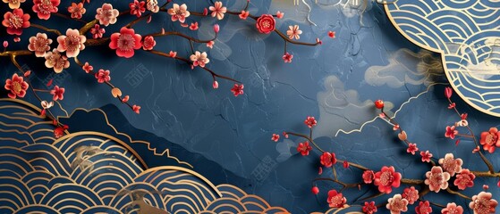 Wall Mural - Cover page, template, poster, backdrop. Traditional gold geometric pattern. Cherry blossom flower, bonsai, fan, cloud icon.