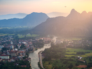 Aerial view of Vang Vieng, Laos.