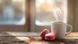 Picture this a delightful scene set on a wooden table featuring macaroons alongside a steaming mug of coffee or tea embodying the essence of a perfect morning breakfast The background offer