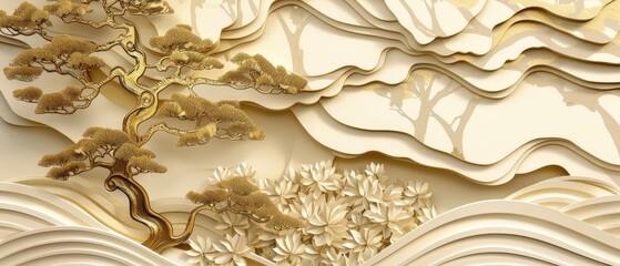 Wall Mural - Traditionally carved wooden background with a tree shape in a gold geometric pattern.