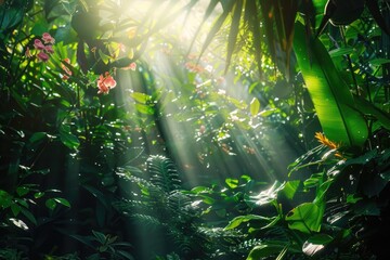 Sunlight filtering through a lush green forest, illuminating vibrant flora and fauna.