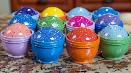 Sticker - Create a scene of families dyeing Easter eggs at the kitchen table, with bowls of colorful dyes and paintbrushes in