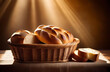 Appetizing bread in a wooden table a ray of sunshine