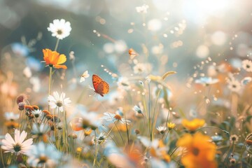 Wall Mural - Sun-kissed meadow alive with wildflowers and fluttering butterflies.