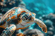 A closeup shot of an underwater turtle in the ocean, showcasing its detailed skin texture and vibrant colors. Created with Ai