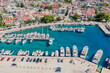 Aerial view of Baska Voda town with harbor in Makarska riviera, Dalmatia, Croatia