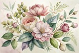 Fototapeta Boho - Illustration of flowers and plants in pastel colors. Generative AI