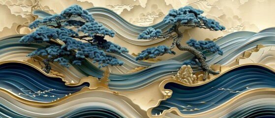 Wall Mural - Gold wave and blue pine tree background seamless pattern modern. Japanese wave and bonsai pattern.